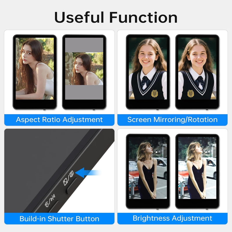 Moman XView M4 features aspect ratio adjustment, mirroring, rotation, a shutter button, and brightness control.