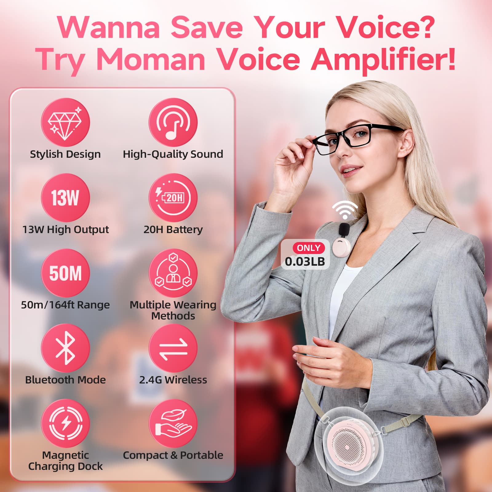 Moman A6 Max is round in shape, wraps around the waist with a supplied strap, and includes a wireless mic.