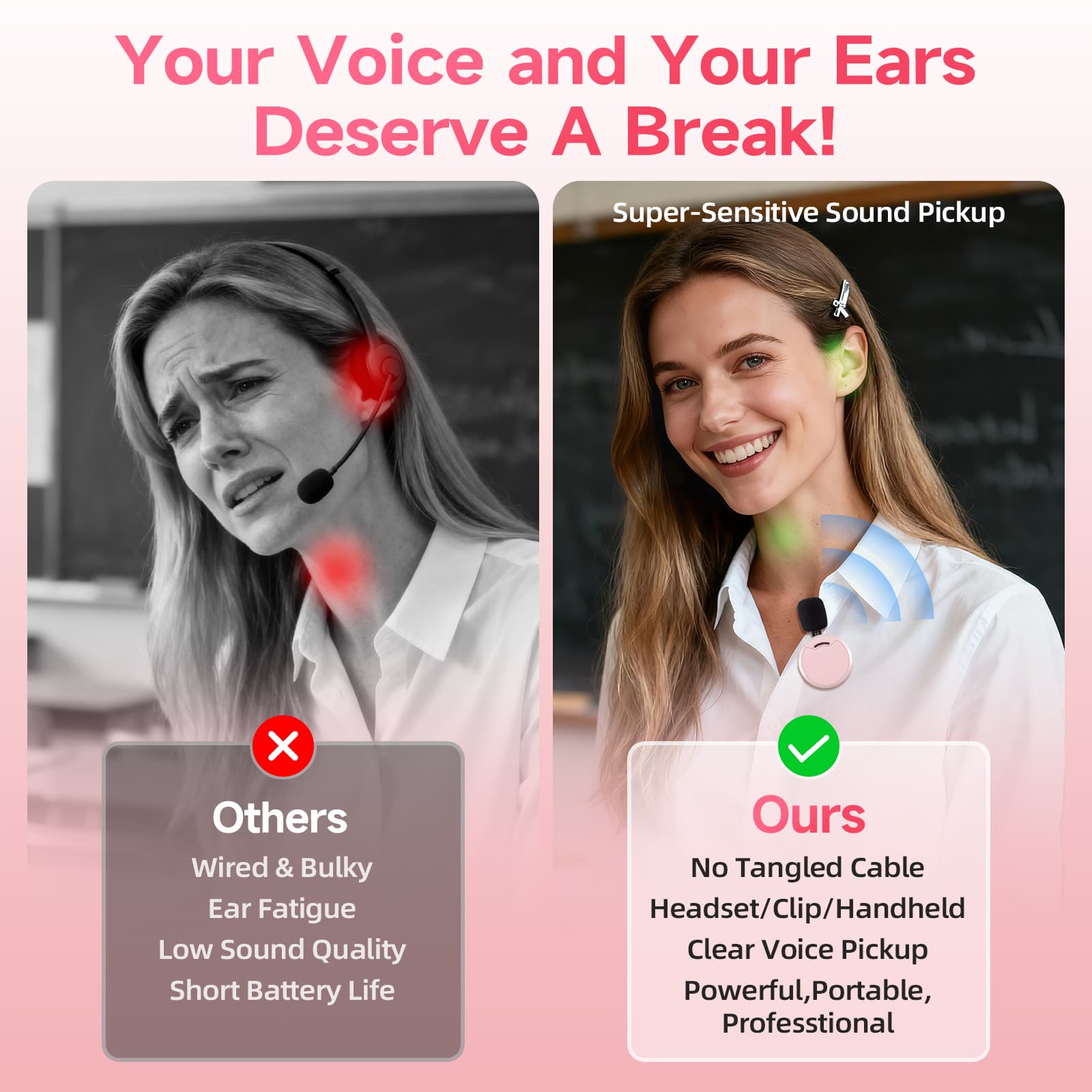 The wireless mic in Moman A6 Max captures voice clearly and is not a burden to the ears.