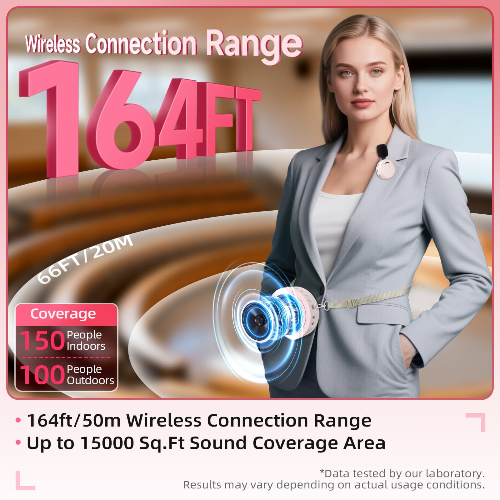 This Bluetooth amplifier speaker with wireless microphone features a range of 164 feet and a sound coverage area of up to 15,000 sq ft.