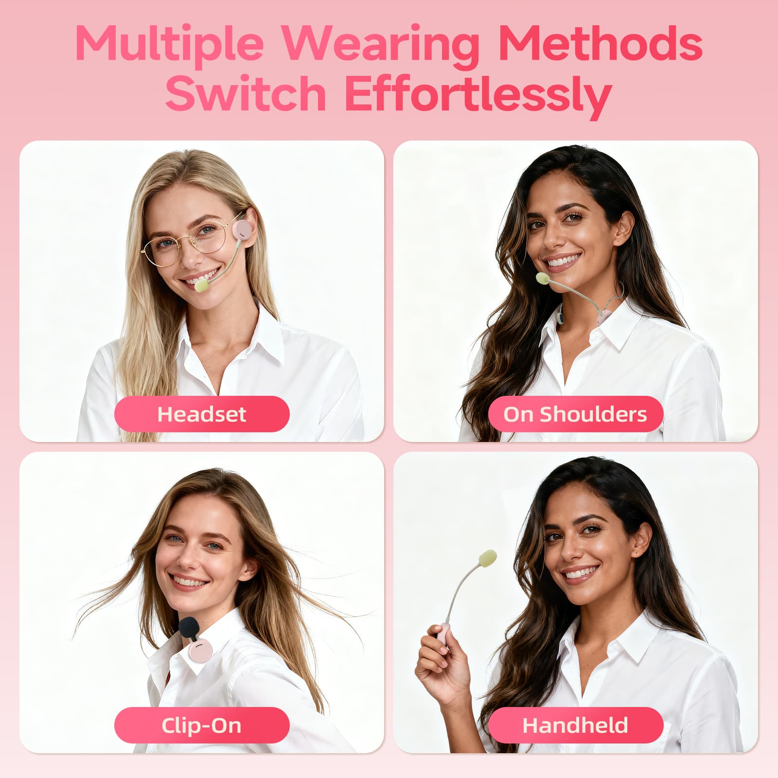 Moman A6 Max Bluetooth voice amplifier includes a clip-on wireless mic and a wired mic for headset, handheld, and neck-wrapped use.