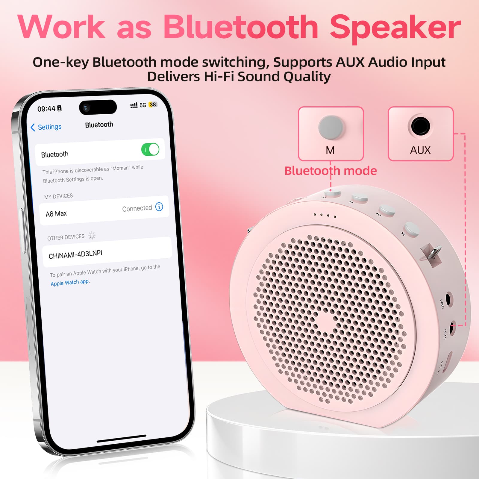 Moman A6 Max carries a button to activate Bluetooth mode and an AUX input port.