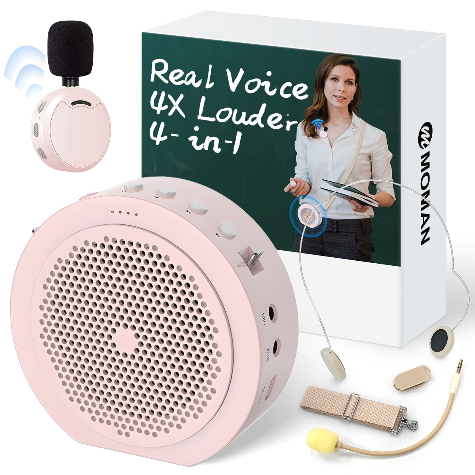 Bluetooth voice amplifier Moman A6 Max pink version package includes an amplifier, wireless and wired mics, and a strap.
