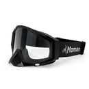 Goggles for motorcycle helmets Moman AOG transparent-lens version, with Moman logo and a motorcycle rider graphic on the strap