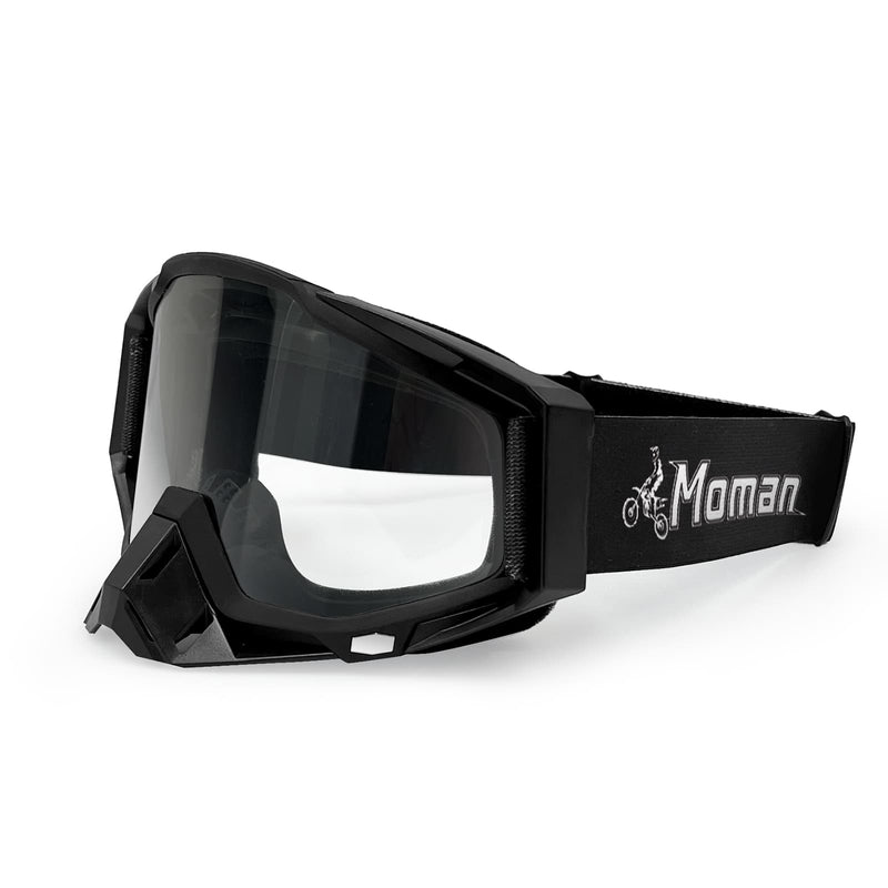 Goggles for motorcycle helmets Moman AOG transparent-lens version, with Moman logo and a motorcycle rider graphic on the strap