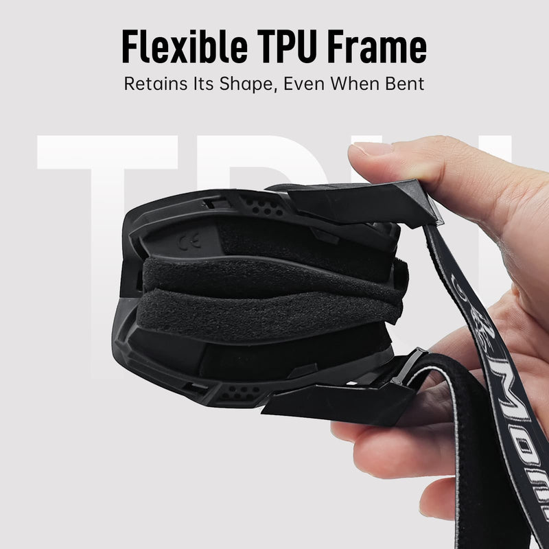 The TPU frame of Moman AOG motorcycle goggles for half helmet can retain its shape after bending.