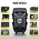Moman BM2 backpack for motorcycle adventure riding includes internal, top, front, and two side zipper pockets and internal mesh pockets.