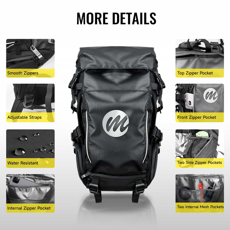 Moman BM2 Best Backpack for Motorcycle Riding, Dual Compartment, Multiple Pockets, Waterproof, and Helmet Rain Cover Included