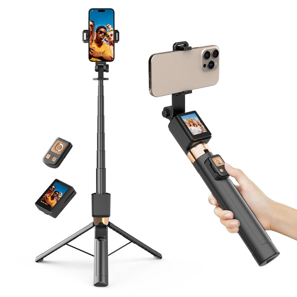 Moman CL07 selfie stick tripod for phone carries a monitor and a remote control on the body.