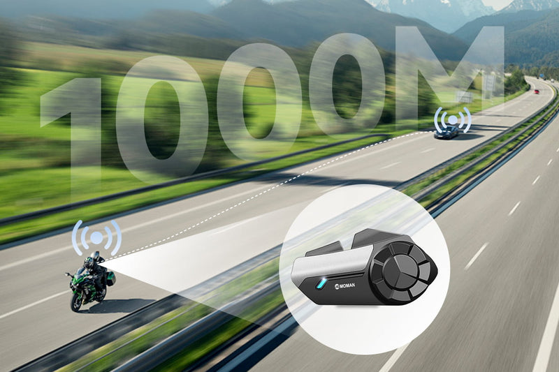 Moman H2S intercom system for motorcycle features a 1000m communication range.