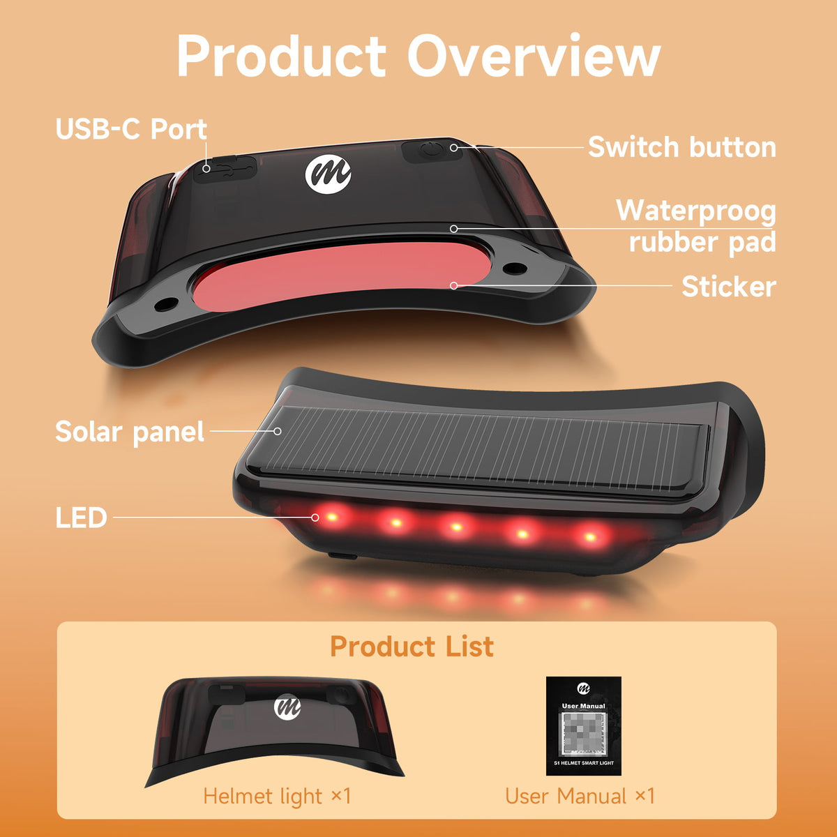 Moman HL1S Wireless Brake Light for Motorcycle, Auto Brake Detection, Solar & USB-C Charging, IPX4 Waterproof