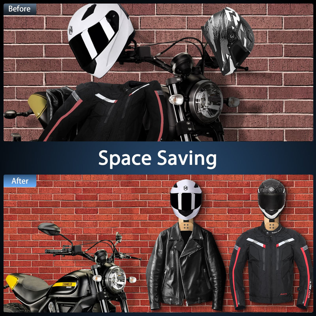 Moman HRW1 Motorcycle Helmet And Jacket Rack, Wall Mounted, Load Capacity of 40kg, Wood and Metal Made, Vertical Storage
