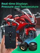 Moman M2 motorcycle tyre pressure monitor wireless for use offers real-time displays of pressure and temperature via an App.