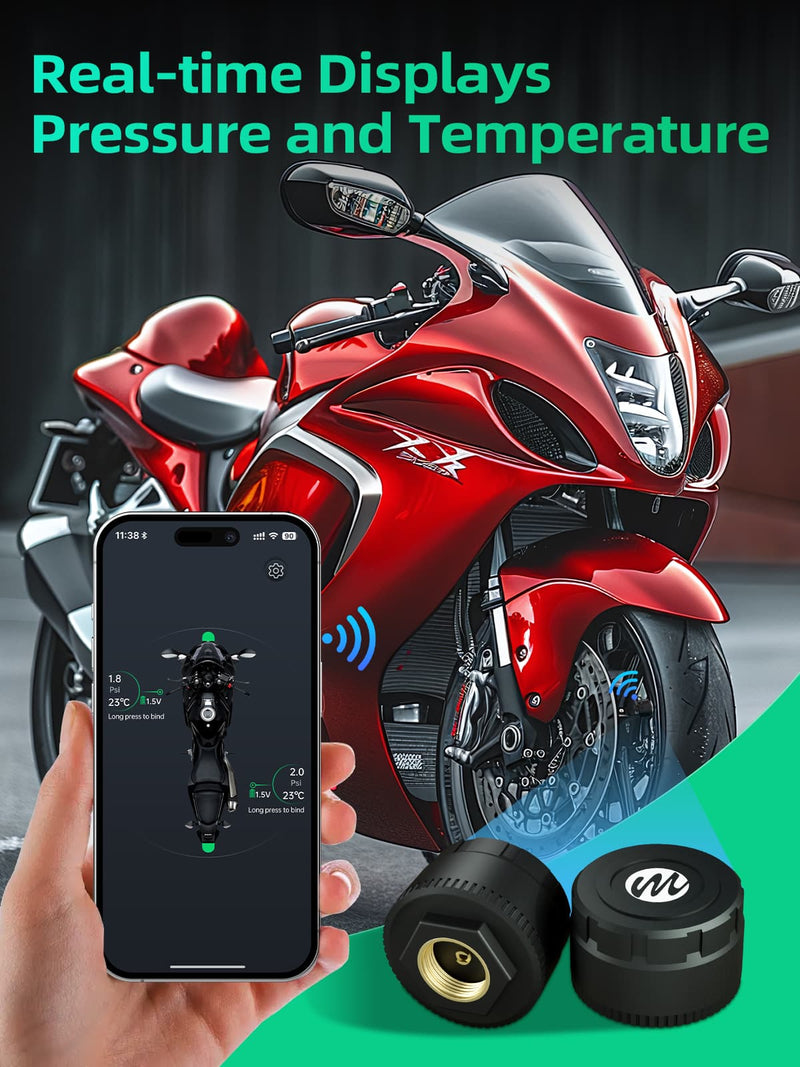 Moman M2 motorcycle tyre pressure monitor wireless for use offers real-time displays of pressure and temperature via an App.