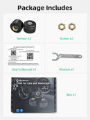 Moman 2-pack TPMS package includes 2 sensors, 2 screws, a wrench, a user manual, and a box.