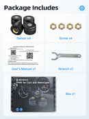 Moman 4-pack TPMS package includes 4 sensors, 4 screws, a wrench, a user manual, and a box.