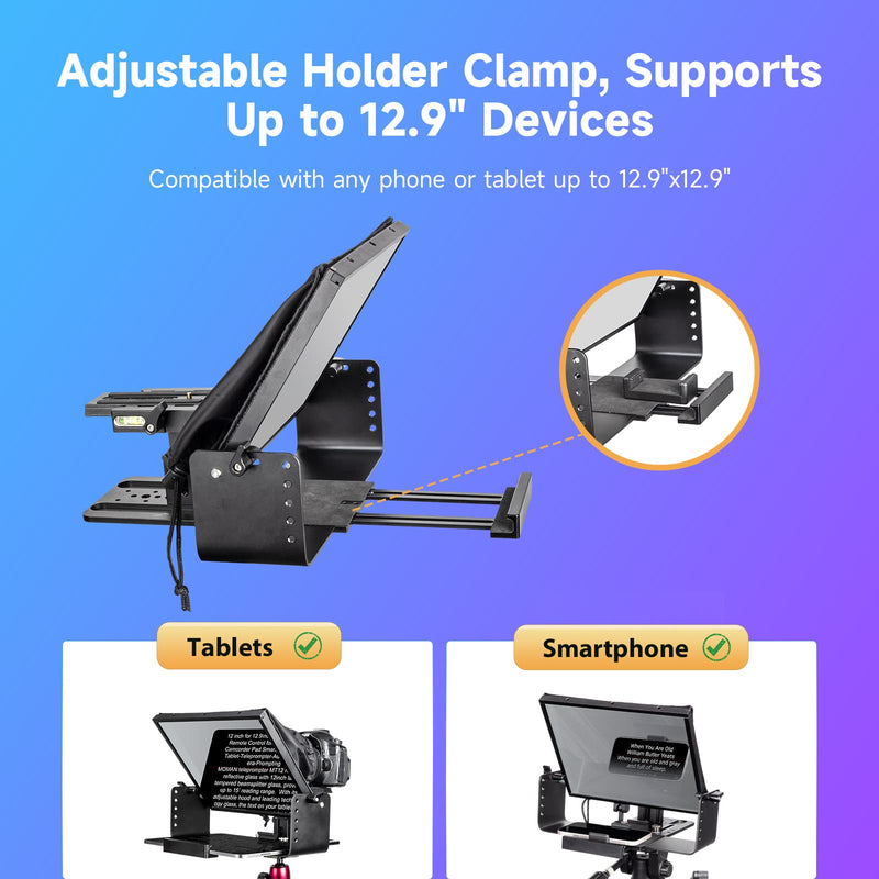 Moman MT12 features an adjustable clamp to hold tablets and smartphones up to 12.9 inches.