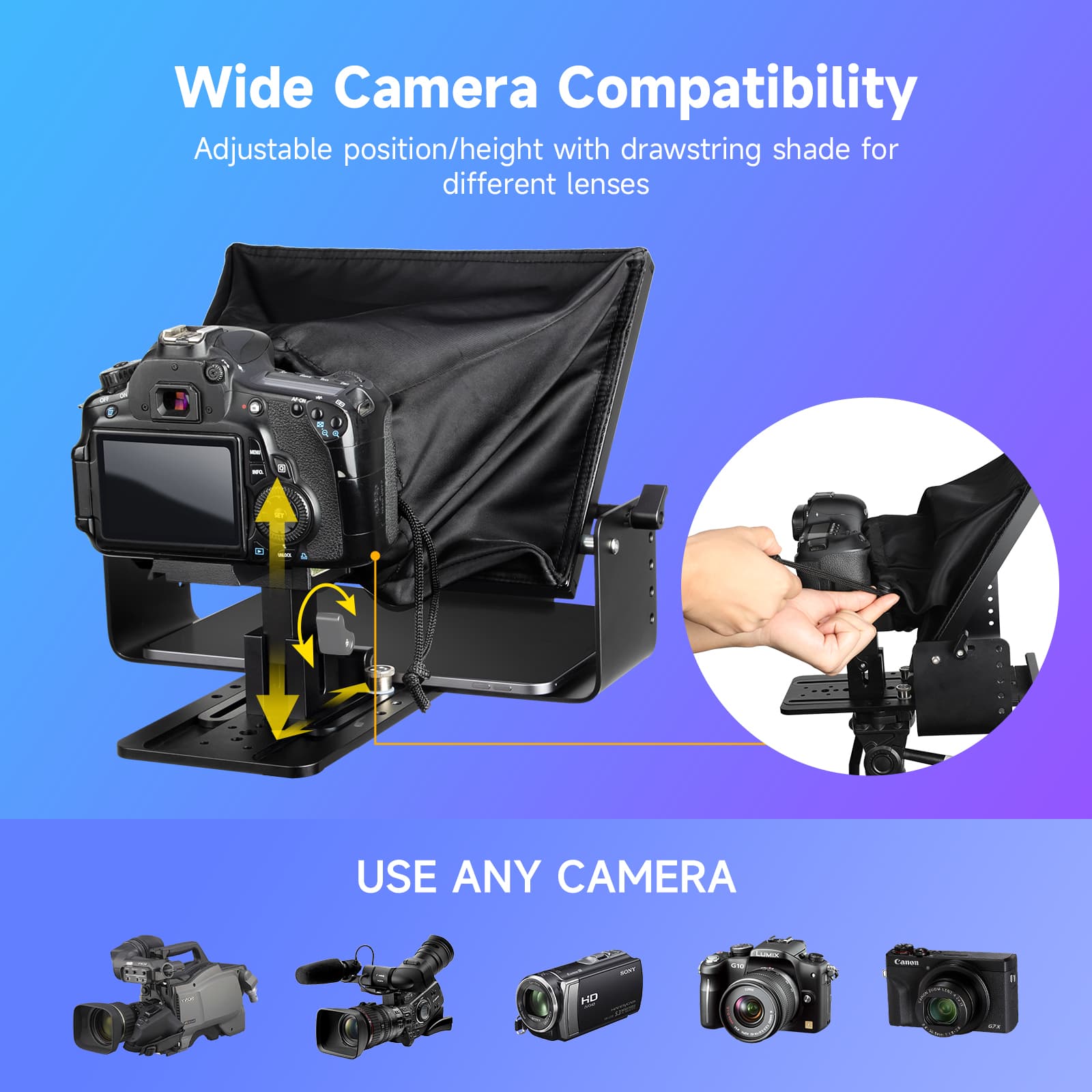 Moman MT12 uses adjustable camera bracket and drawstring shade to fit various cameras.