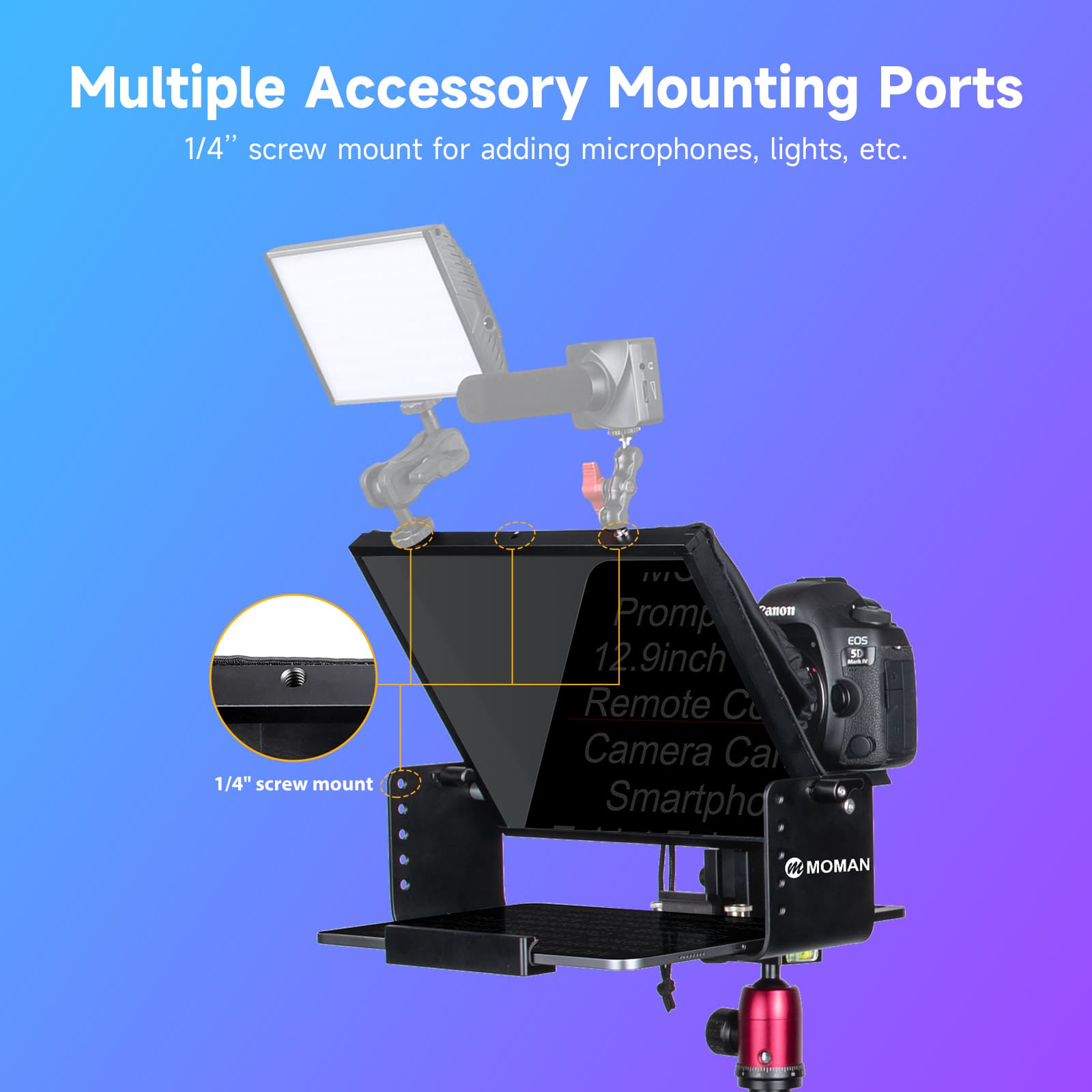 Moman MT12 has multiple accessory mounting ports for microphones, lights, and other gear.