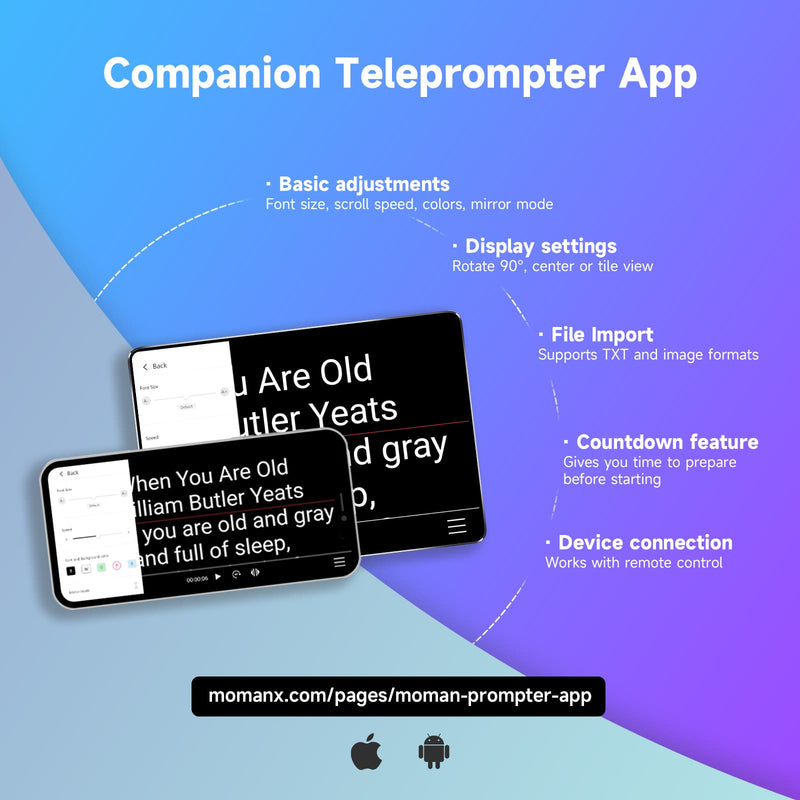 Moman MT12 offers a professional teleprompter software for font settings, file import, etc.