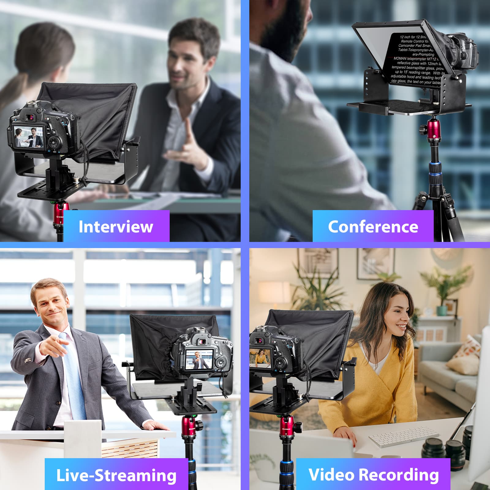 Moman MT12 professional and portable teleprompter is suitable for video recording, live streaming, and more.