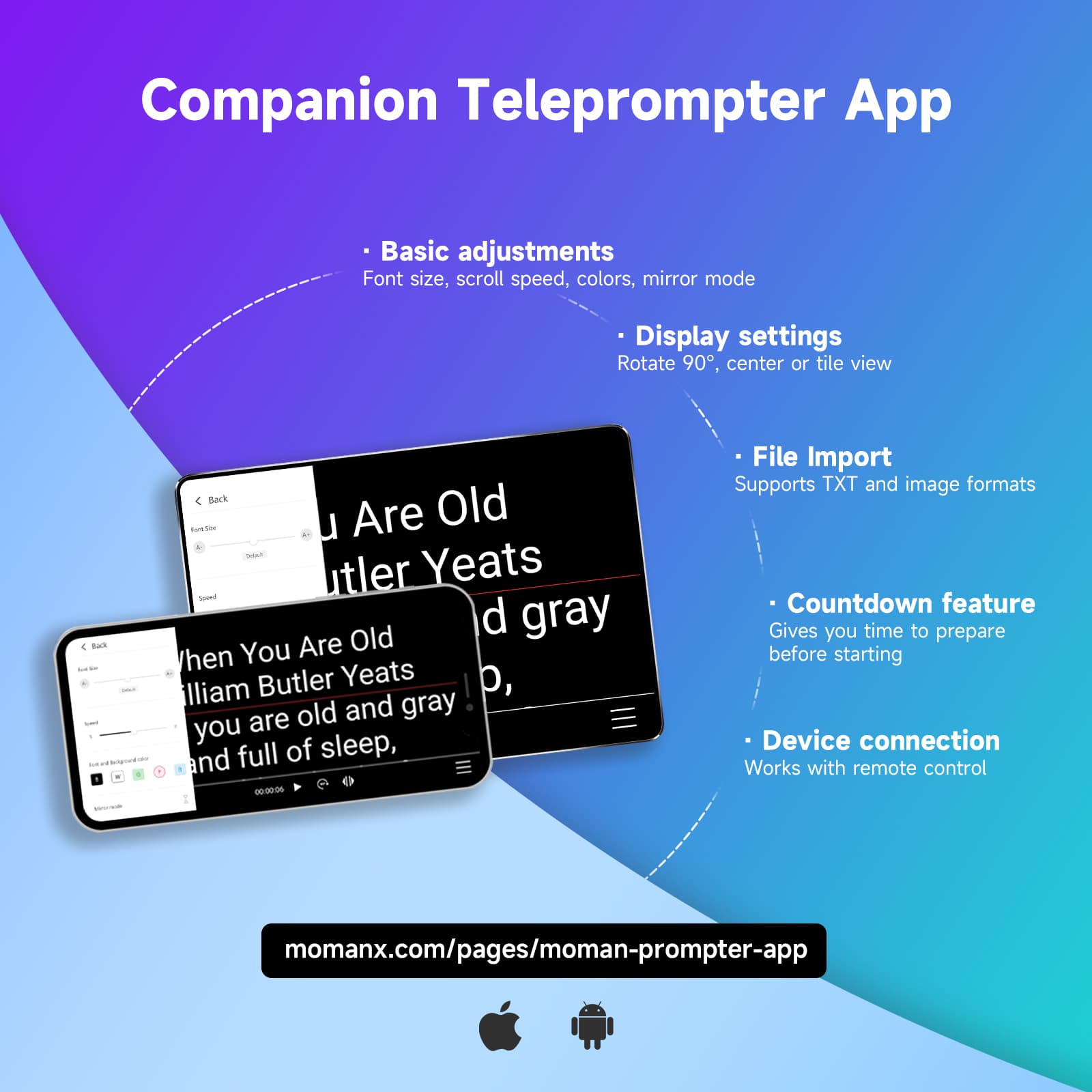Video camera teleprompter Moman MT16 companion teleprompter app for font settings, file import, etc.