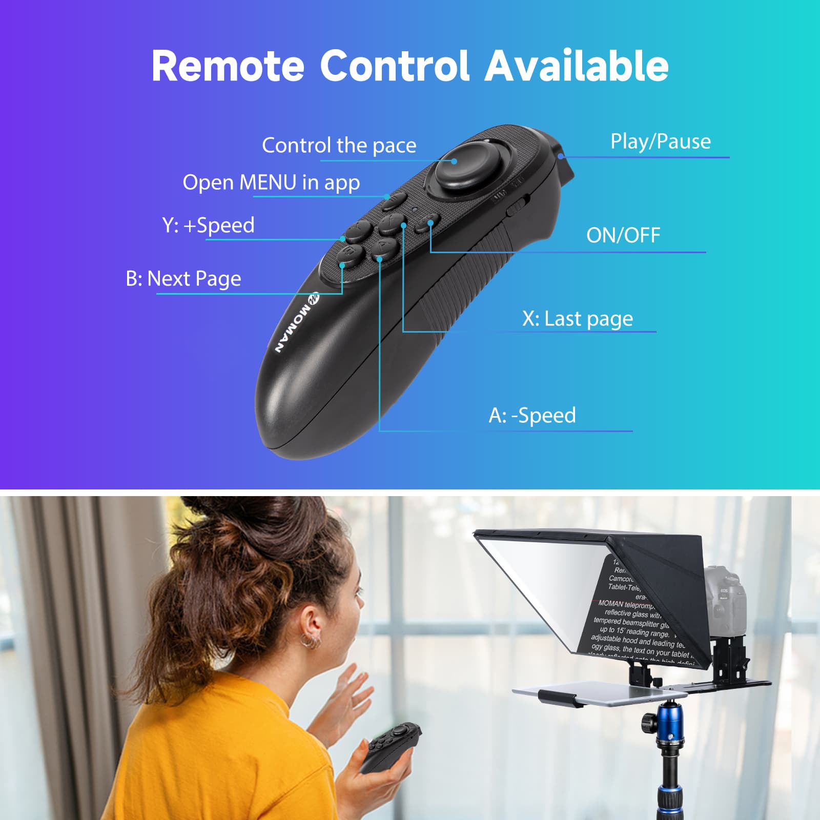 Moman MT16 includes a remote control for easy script management during filming.
