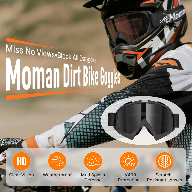 Moman OG goggles for motorcycle riding feature clear vision, UV400 protection, and are weatherproof.