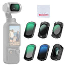 Moman PKT3 next to a mobile camera includes 6 lens filters: 1/4 black diffusion, CPL, VND 2-32, UV, ND64, and wide-angle lens.