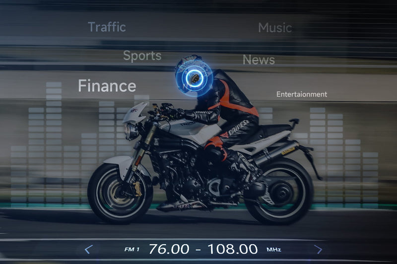 Moman RS-S Bluetooth headset for motorcycle riders has built-in FM for entertainment.