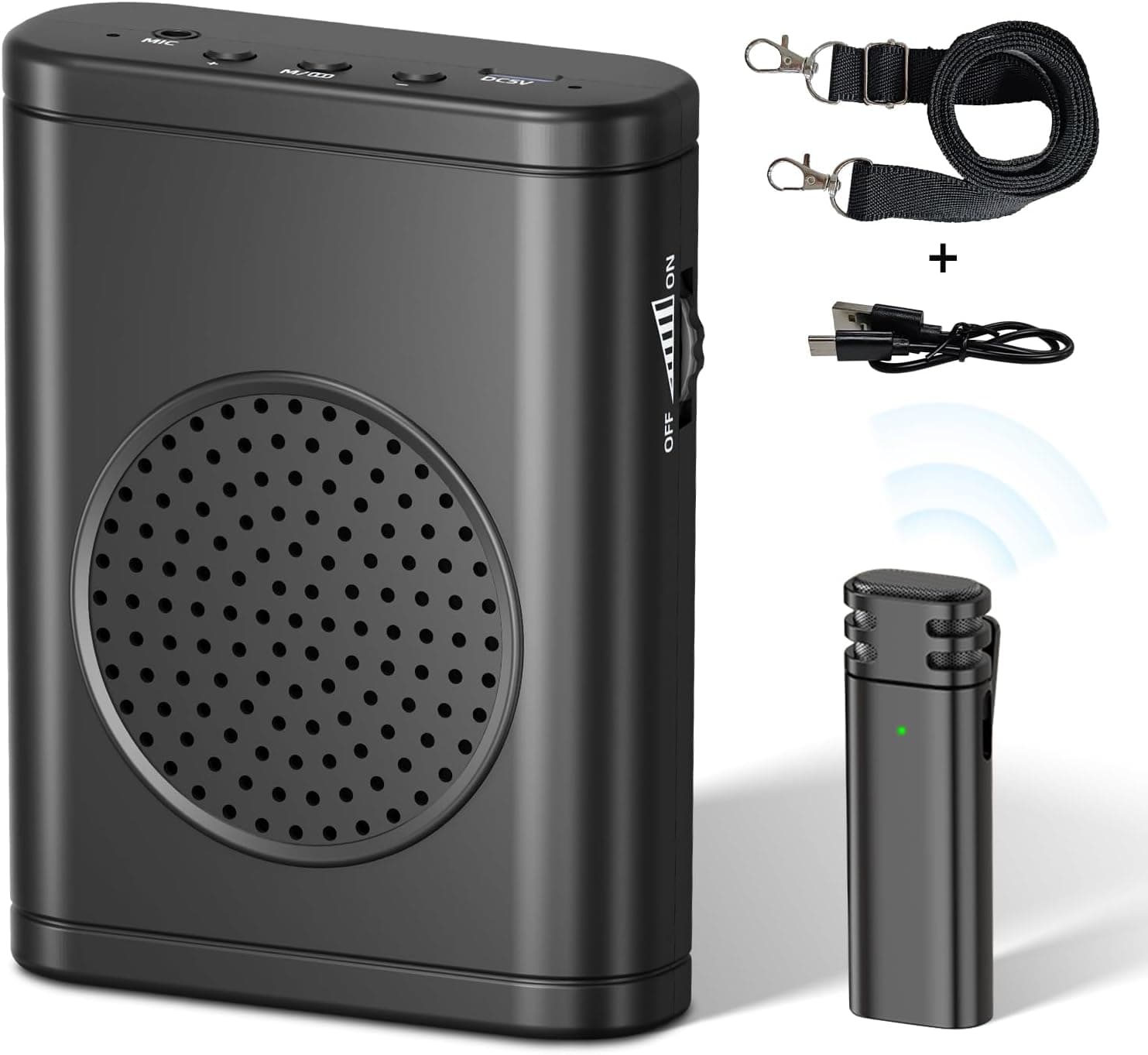 Moman S57 includes a voice amplifier, a wireless mic, a strap, and a charging cable.