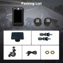 Moman solar powered TPMS package list includes a display, two sensors, a solar panel, metal tire valve stems, a handlebar mount, a USB cable, and nuts.