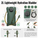 It includes a 2L hydration bladder with a leak-proof cover to prevent spills.
