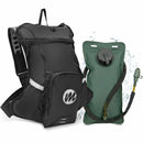 Moman motorcycle backpack with water bladder comes in black and features a front compartment with a storage pouch.