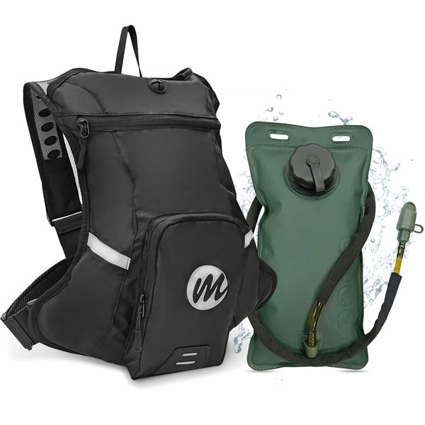 Moman motorcycle backpack with water bladder comes in black and features a front compartment with a storage pouch.