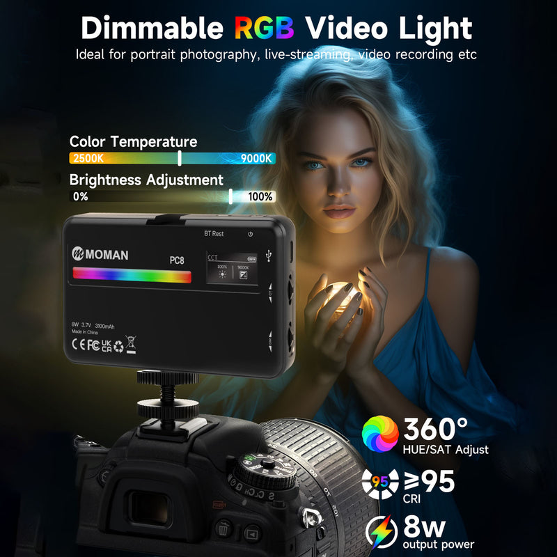 Moman PC8 dimmable RGB video light features 0-360°adjustable hue and 2700K-9000K adjustable color temperatures.