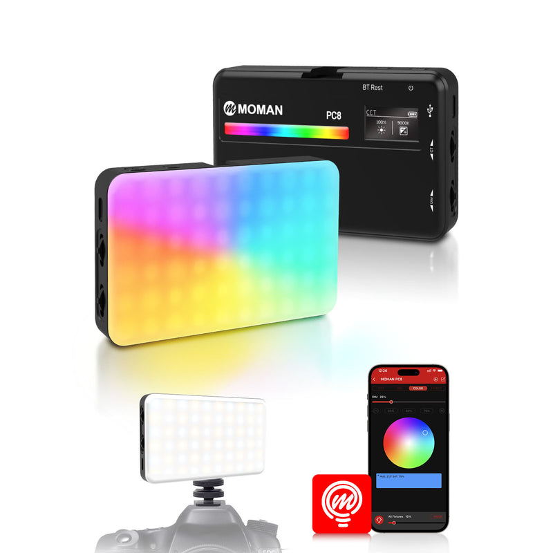 Moman PC8 LED light for DSLR camera can be mounted on the camera, featuring RGB options and app control.