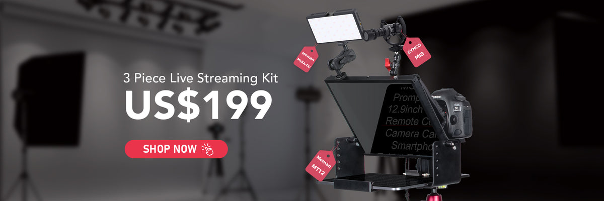 Moman 3 Piece Live Streaming Kit Flashsale Down to $US199: Including a Teleprompter, microphone, and LED light