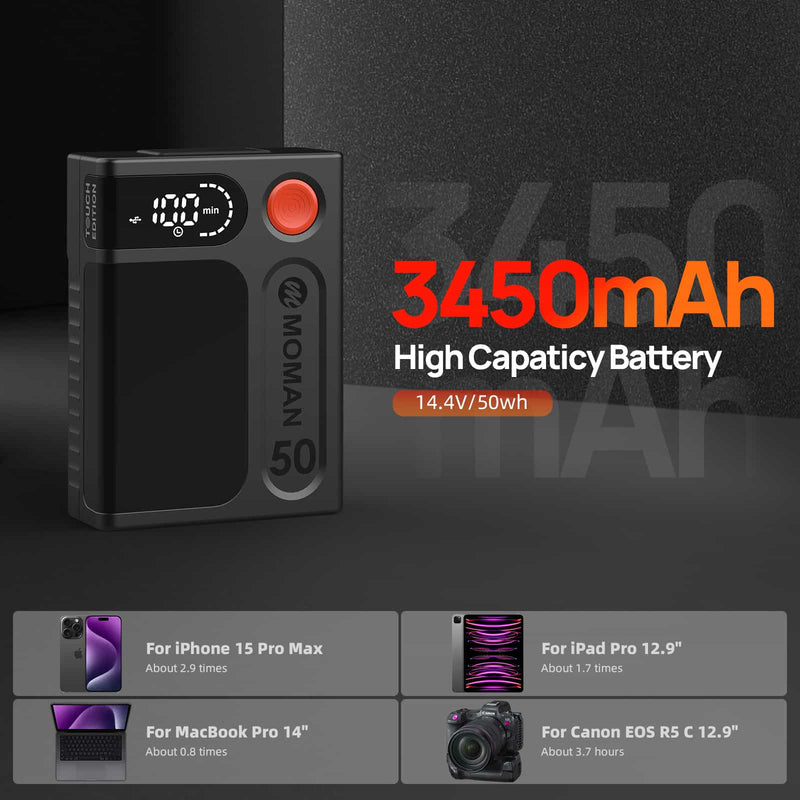 Moman Power 50 Touch best 50Wh v lock battery  provides high-capacity power solutions for cameras, phones, etc.