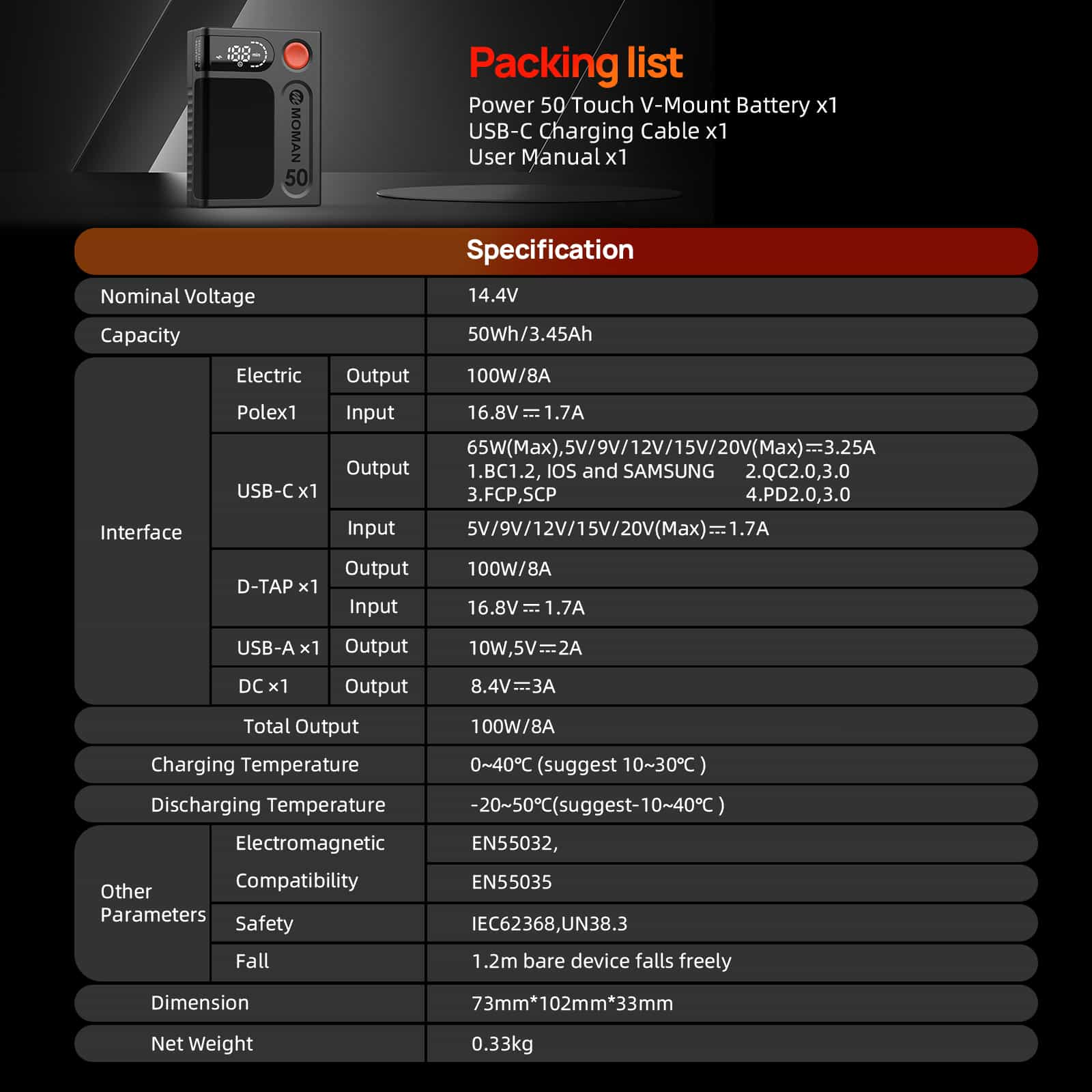 Moman Power 50 Touch packing list and specification form.