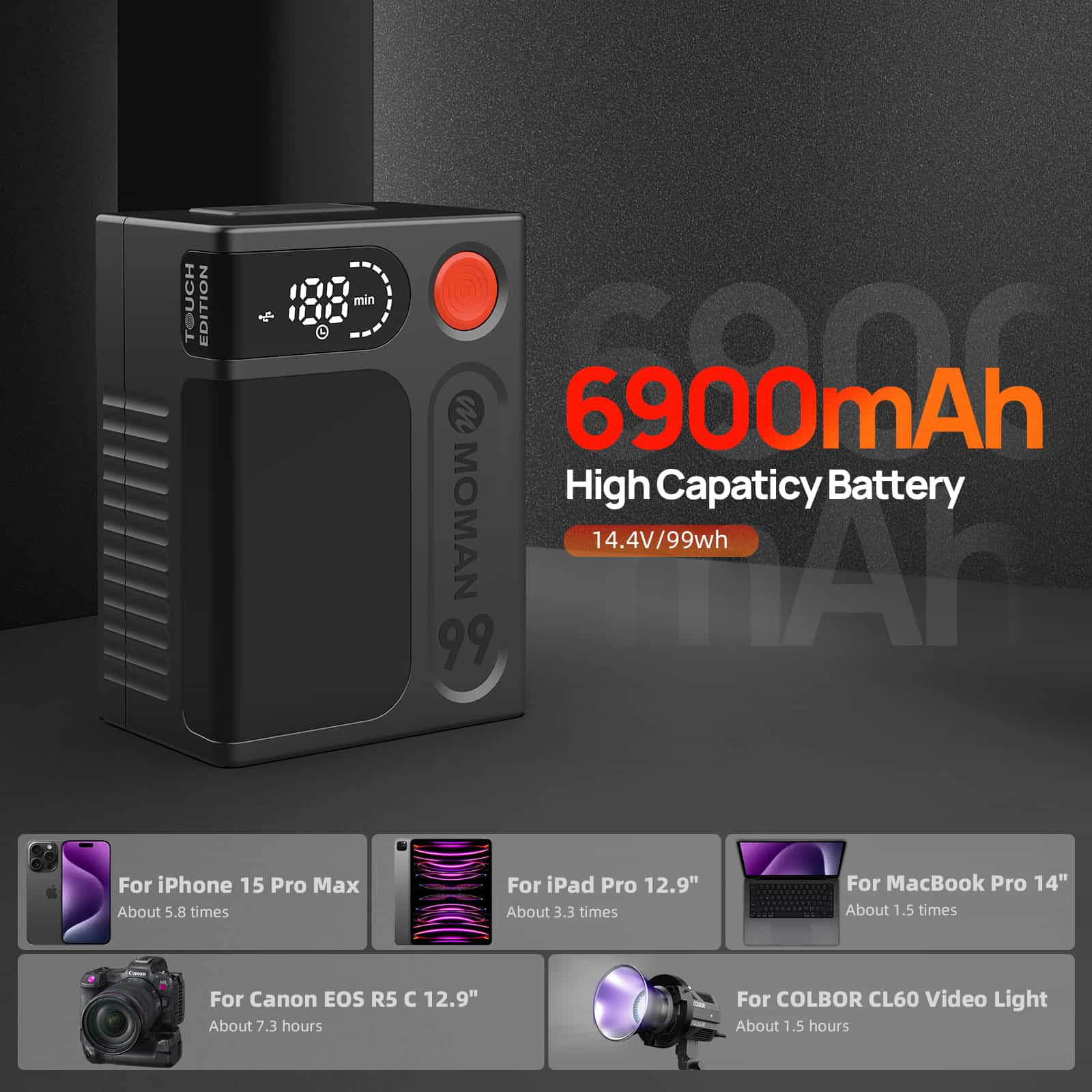 What cameras use v-mount battery? Moman Power 99 Touch  features 99Wh high capacity and wide compatibility with cameras.