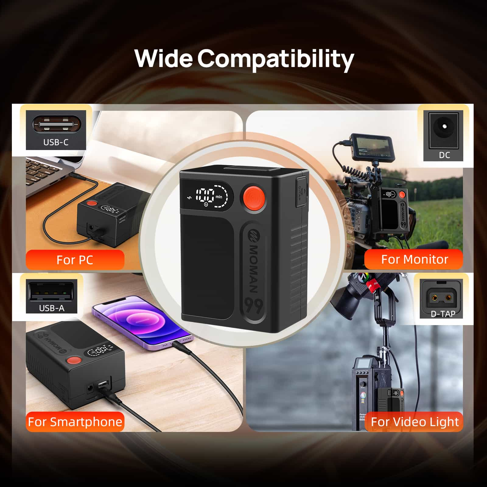 Moman Power 99 Touch can works with kinds of photography equipment, such as camera monitor, video light, PC, smartphone.