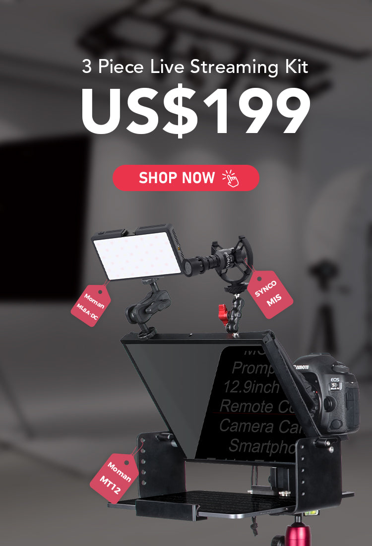 Moman 3 Piece Live Streaming Kit Flashsale Down to $US199: Including a Teleprompter, microphone, and LED light
