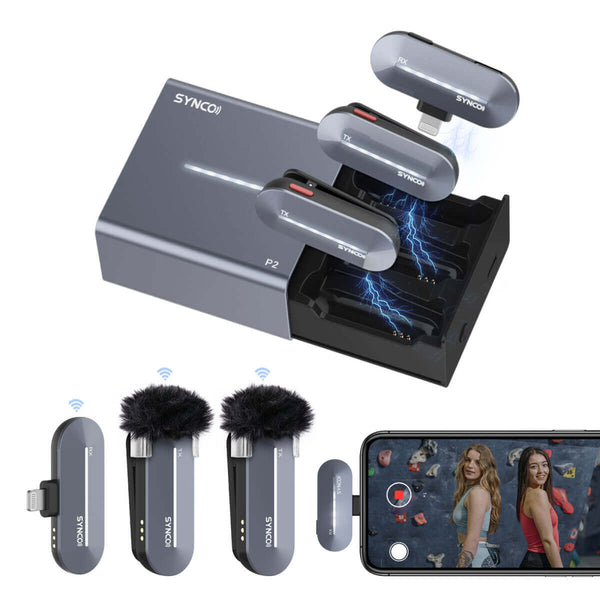 SYNCO P2S clip on microphone for iPhone has one receiver and two transmitter for two-person recording