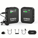 SYNCO G2 Max microphone with internal storage features TFT displays on both the transmitter and receiver, and an external microphone on the transmitter.