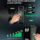 SYNCO G2 Max microphone with internal storage supports one-tap noise reduction and 6-level gain control with the side buttons on a transmitter.