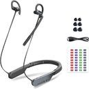 SYNCO Xtalk S in ear intercom, a neckband intercom headset with 3 pairs of black ear tips, a USB charging cable.