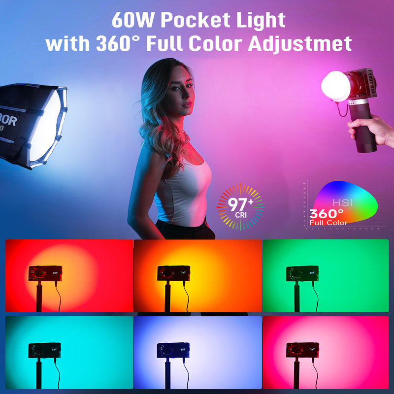 Luce video LED RGB portatile COLBOR, Wonder W60R 60W CRI97+ Controllo APP con connettore DC/tipo C