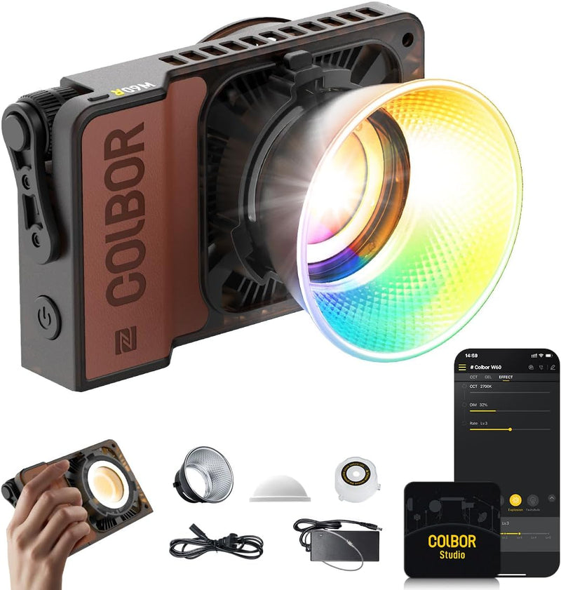 Luce video LED portatile COLBOR W60/W60R con uscita COB da 60 W, CRI 97+, design con attacco al supporto