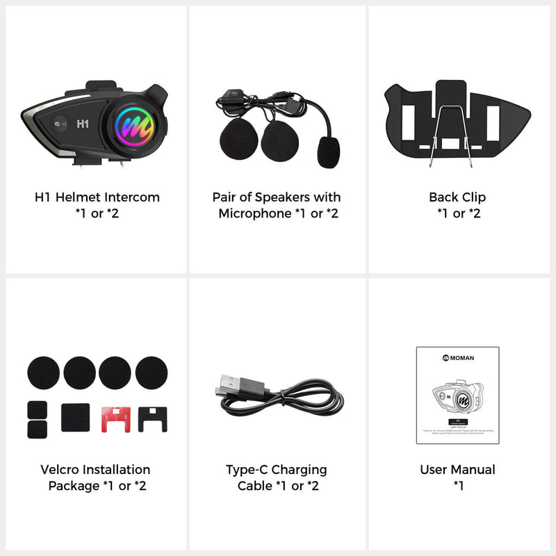 Moman H1 package list: Helmet intercom, speakers with microphone, back clip, Type-C charging cable, etc. 2-Riders Kit's doubles Single Pack's.